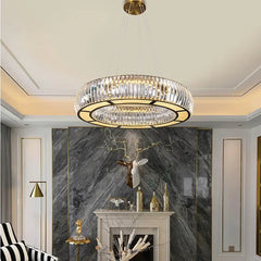 “Dimmable LED ceiling light with gold finish crystal rings”