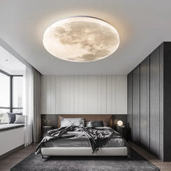 Modern bedroom with a large moon-shaped ceiling light fixture. Dimmable E27 round moon ceiling light for modern home decor .