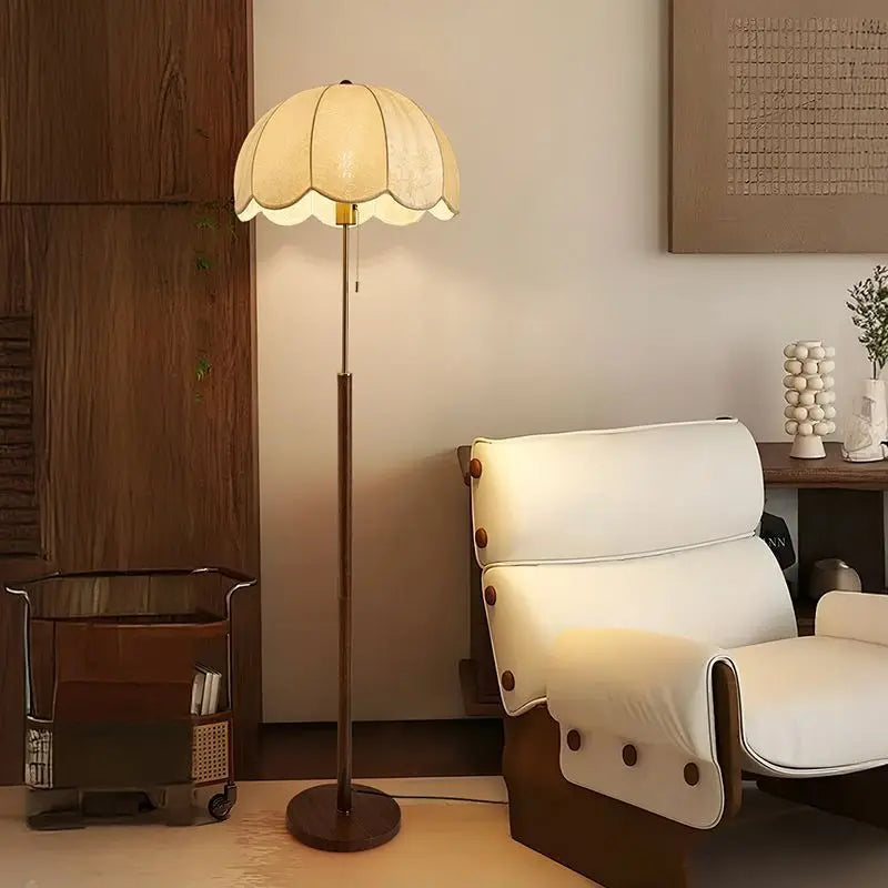 “Retro living room floor lamp with natural wood and iron details”