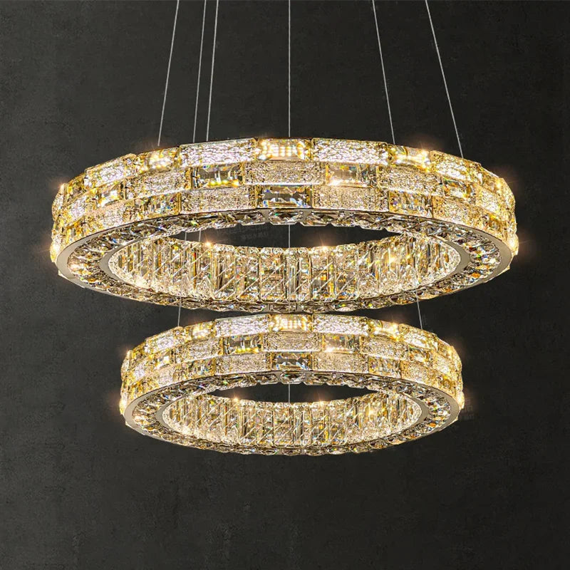“Dimmable stainless steel pendant chandelier with crystal rings”