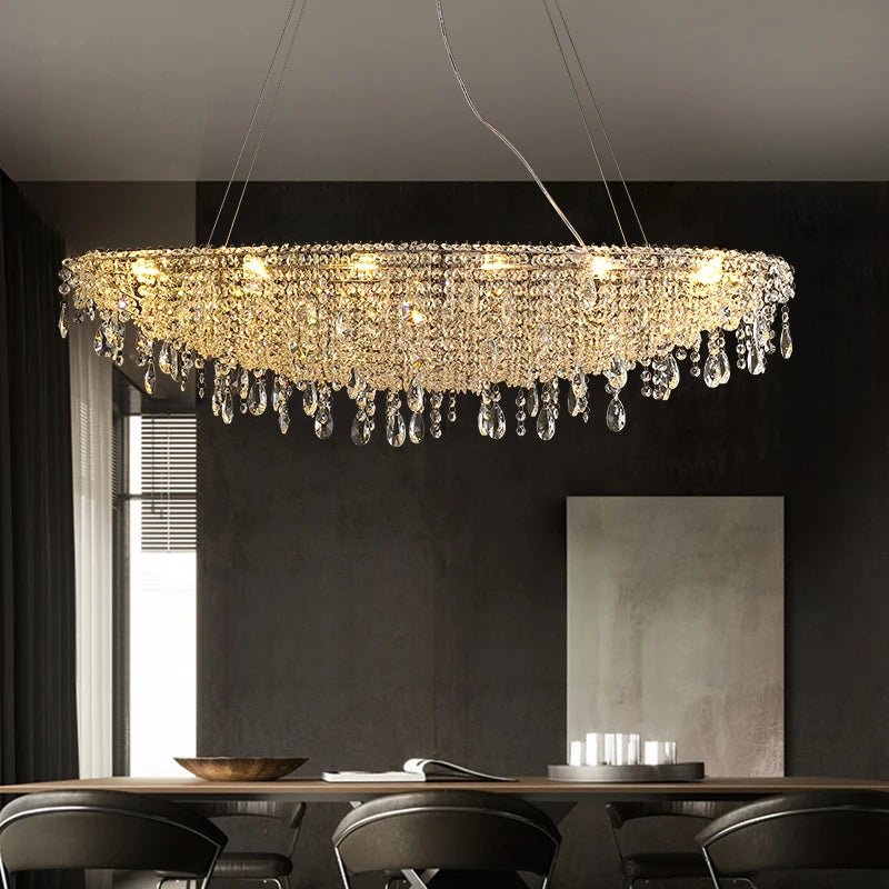 Sparkling crystal chandelier as the centerpiece in a modern dining area