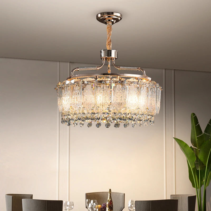 “Double-layer crystal dining room chandelier in brass finish”