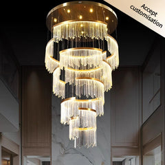 Modern staircase chandelier with hollow layered ring silhouette