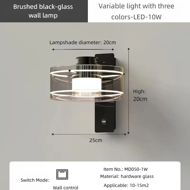 Brushed black-glass wall lamp with dimensions and specifications on a gray background