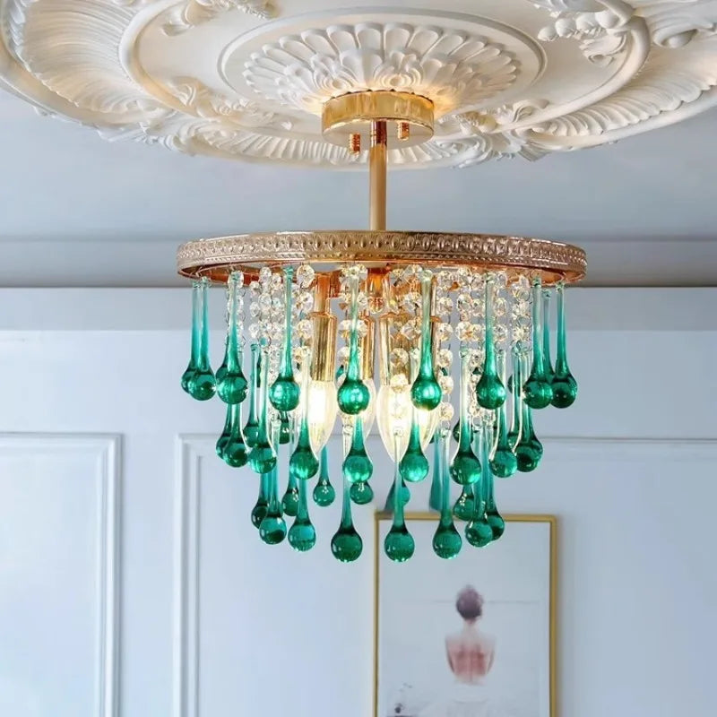 Emerald green crystal ceiling chandelier with gold finish