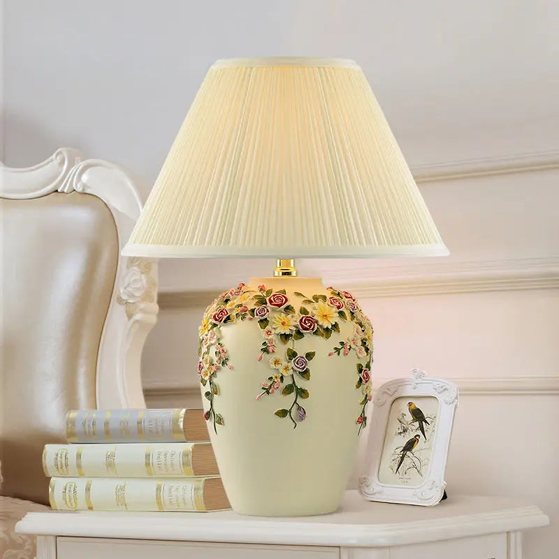 “European retro table lamp with handmade ceramic flower design”

