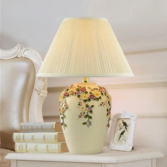 “European retro table lamp with handmade ceramic flower design”

