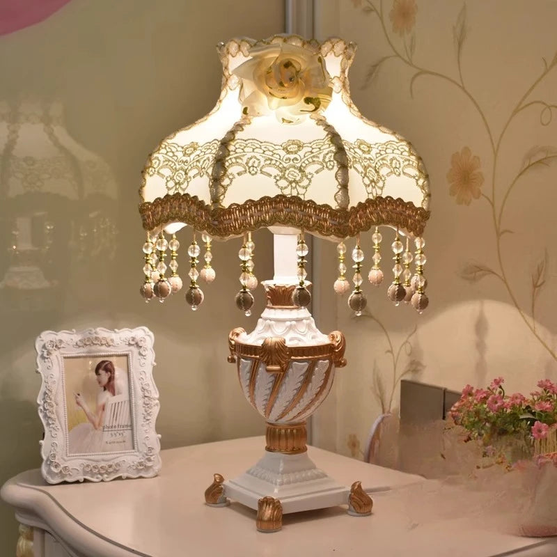 “European retro resin desk lamp with lace fabric shade and LED decor”