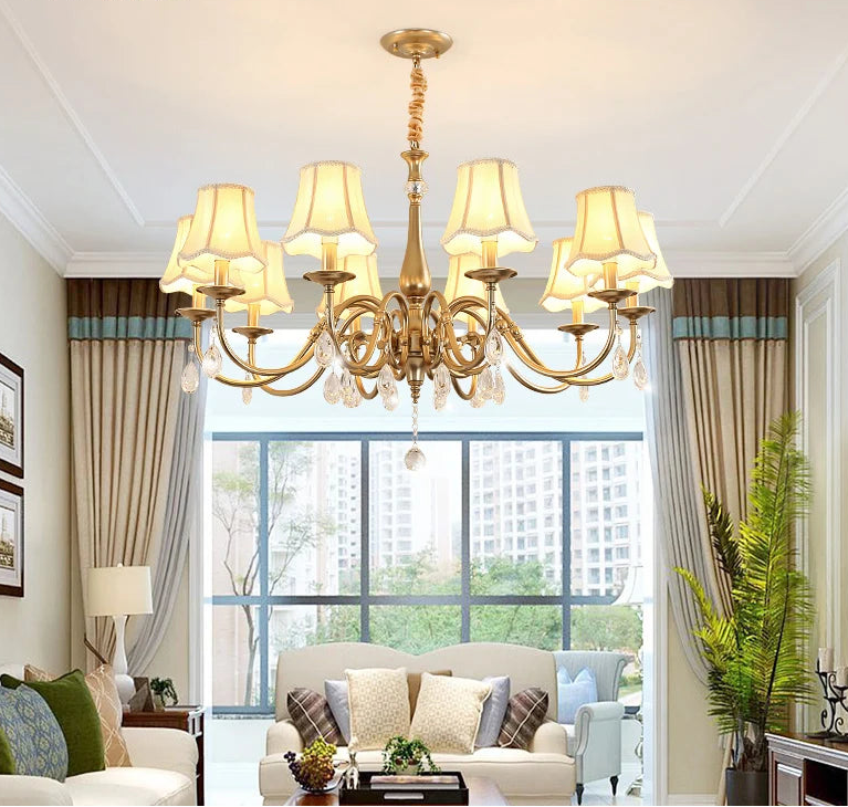 “Art Deco chandelier with iron frame and crystal accents”