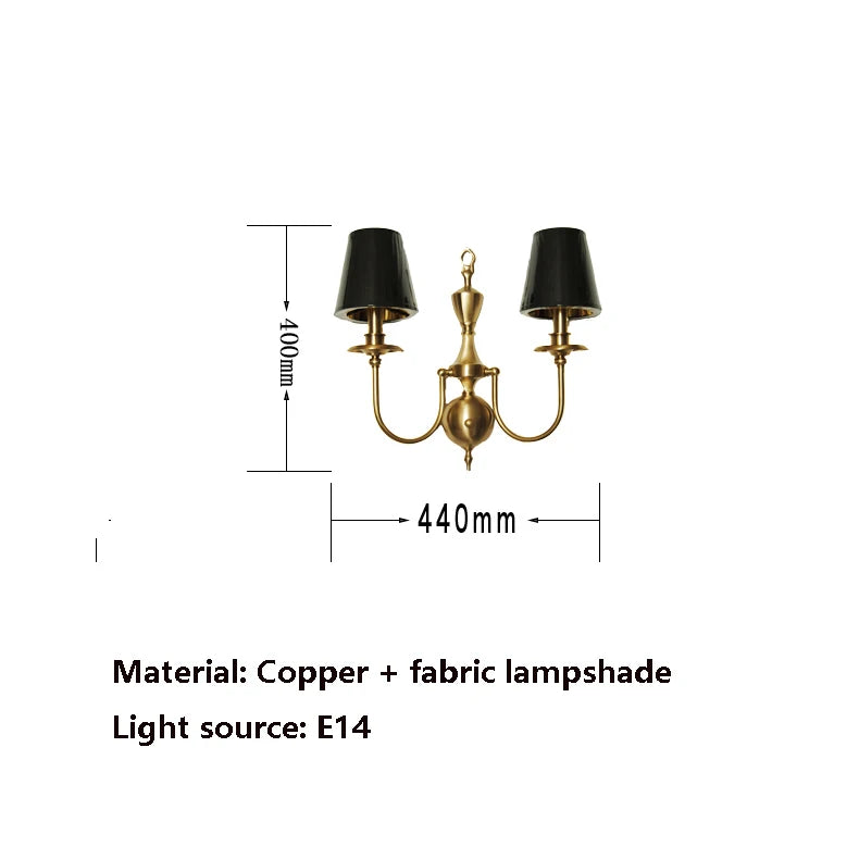 Wall-mounted lamp with dimensions and material details on a white background