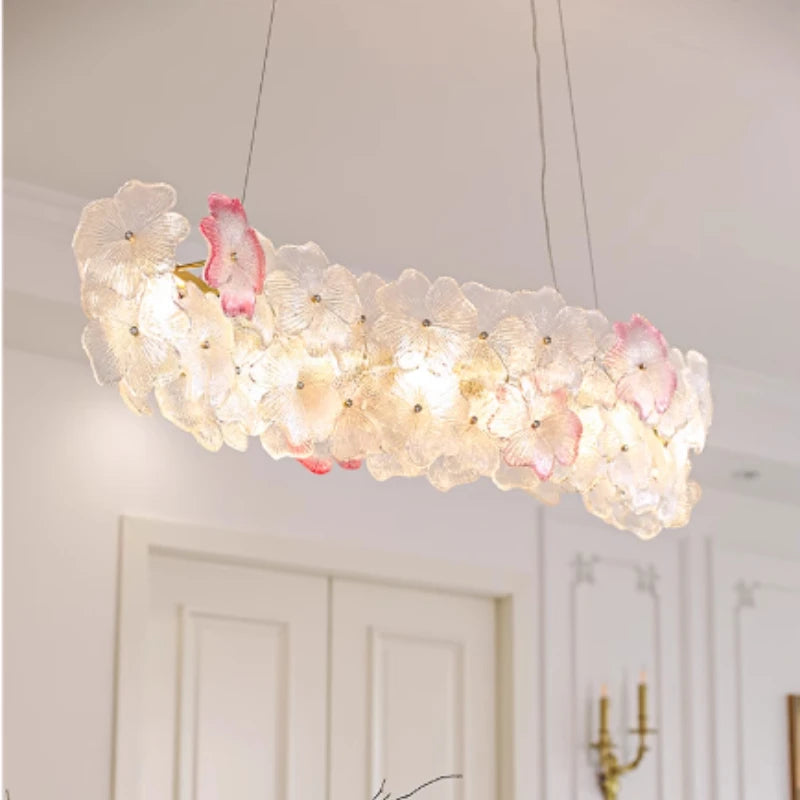 Decorative ceiling light fixture with floral design in a room setting