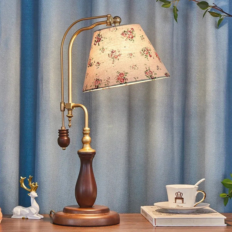 “French palace floral table lamp with solid wood base and fabric shade”