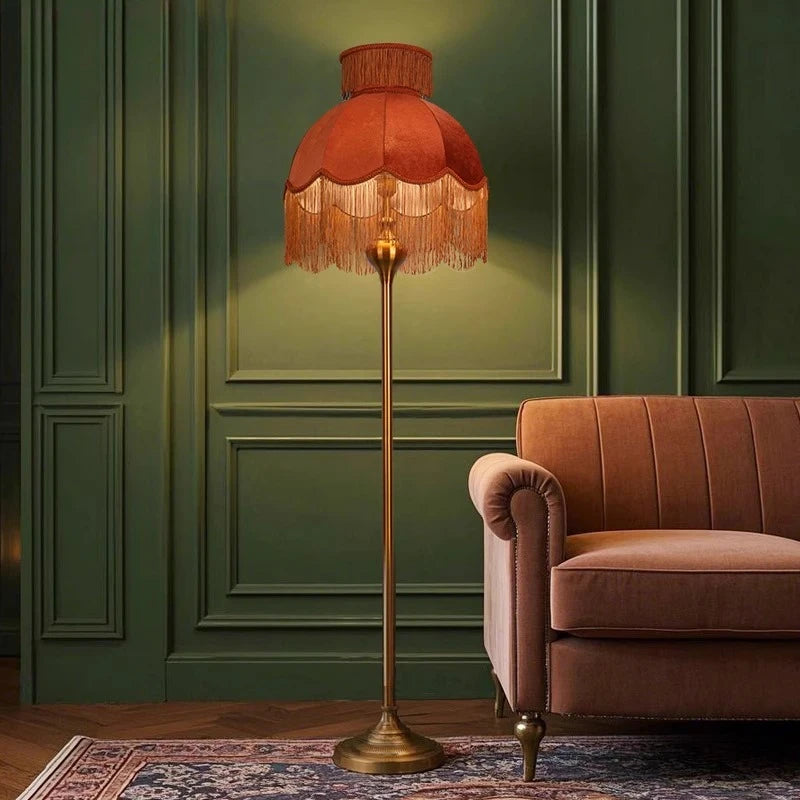 “French velvet tassel floor lamp in caramel shade”