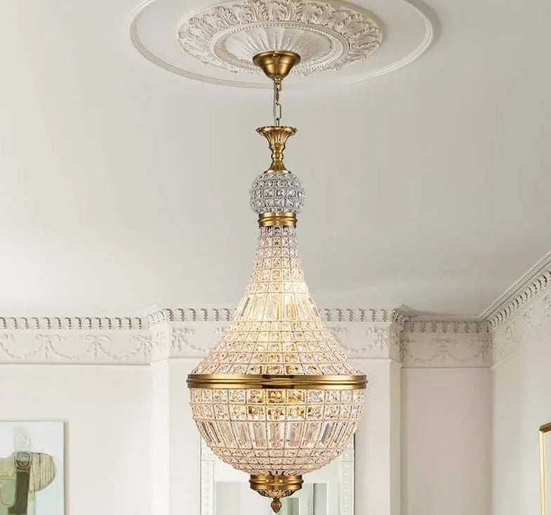 “French vintage crystal chandelier, antique brass, globe empire, E14, 3-year warranty”