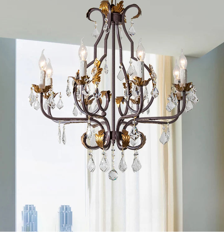 “French vintage rustic iron chandelier with crystal beads”