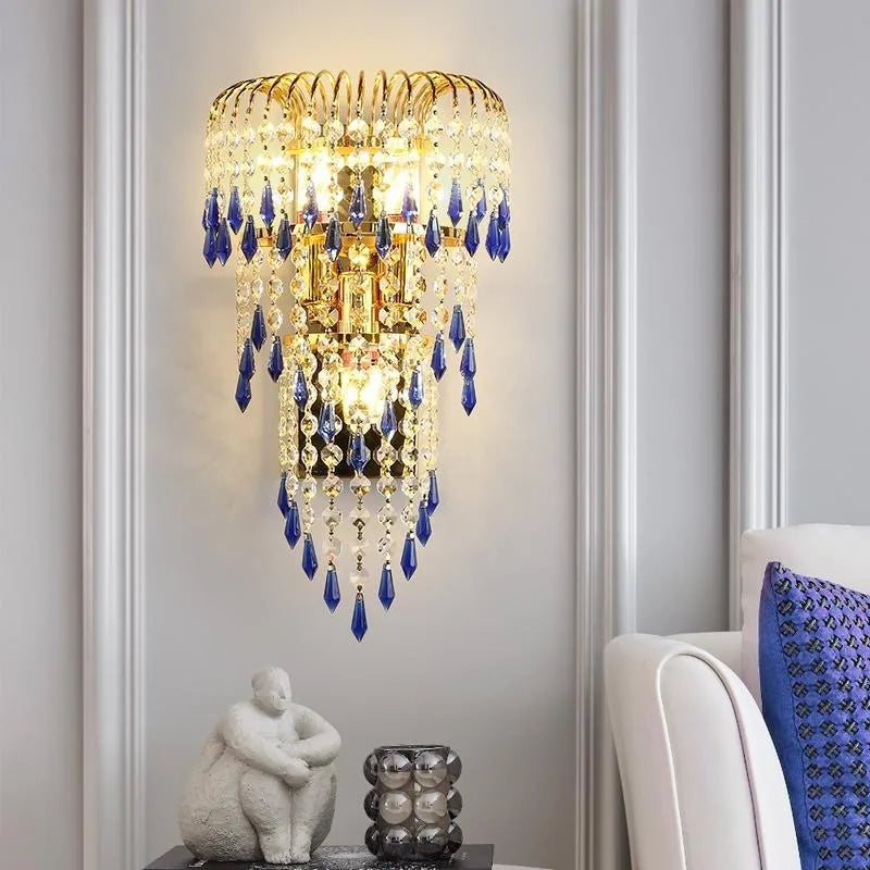 decorative crystal wall light mounted in a bedroom corner