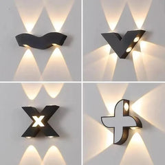 “Black geometric outdoor LED wall light projecting multi-directional beams.”