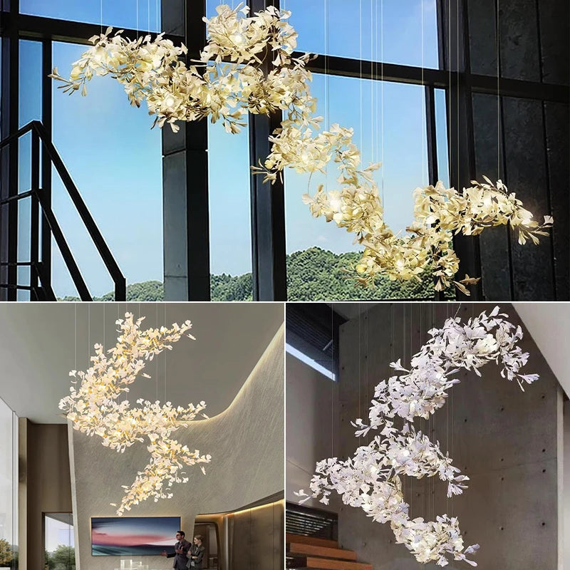 Ginkgo leaf chandelier with clustered botanical silhouette for high ceilings
