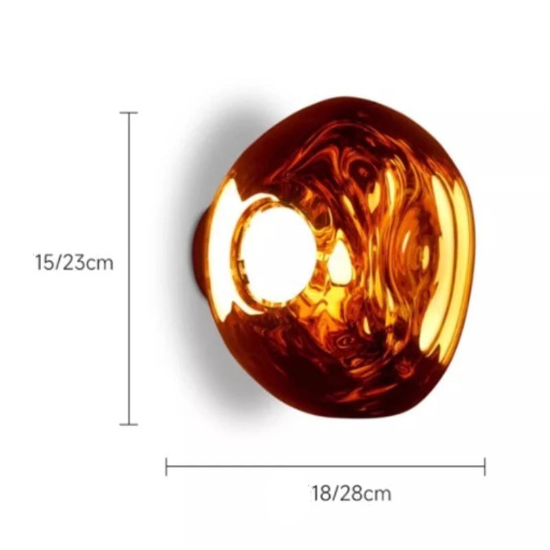 Round amber-colored light fixture with dimensions on a white background; Designer wall light, modern sconce for hotel, bedroom, or corridor.