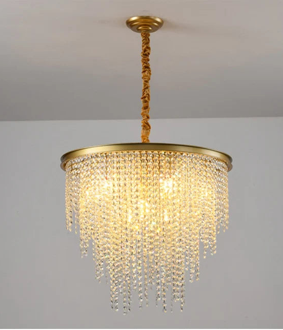 “Modern gold loft suspension with K9 crystal fringe for dining room”