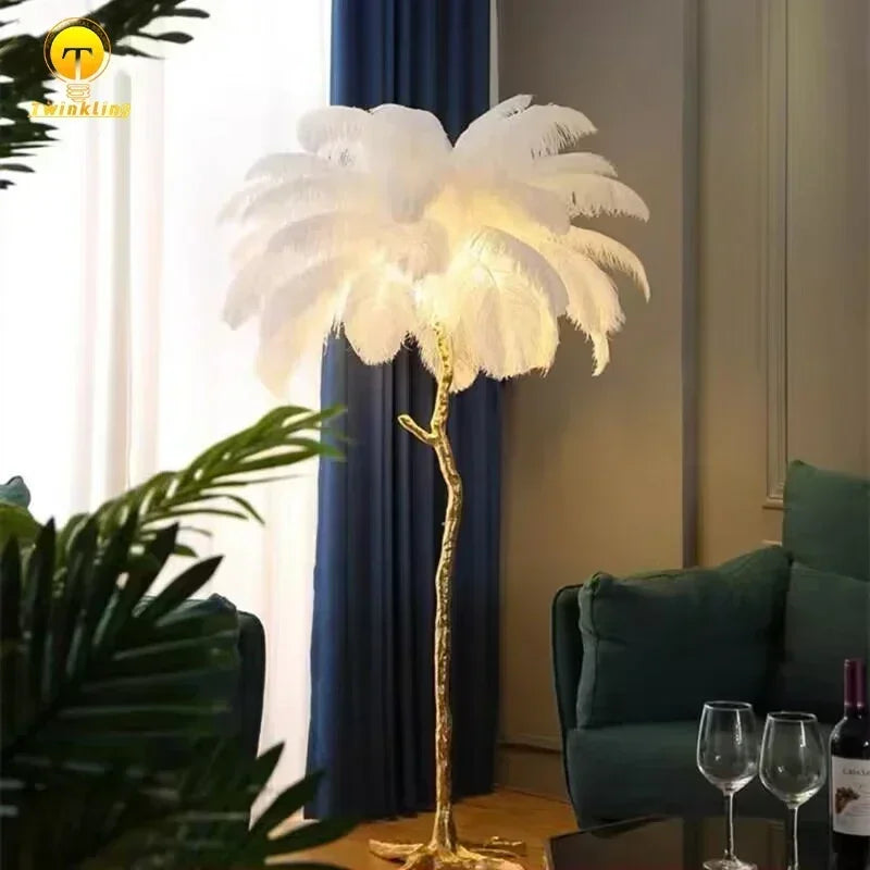 Feathered floor lamp in a living room setting with a couch and decor.