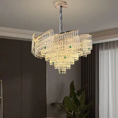 “Grand LED ceiling light with multi-tier crystal arrangement”