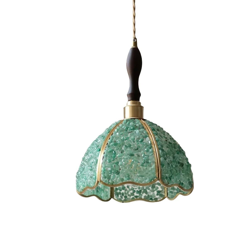 Green glass pendant light with decorative design on a white background; Adjustable green crystal glass pendant light, Nordic, walnut accent, E27, 3-year warranty