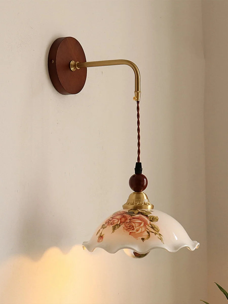 “Vintage flower bathroom and bedroom reading sconce with pull chain, ceramic shade”