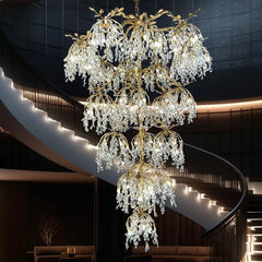 High ceiling branch crystal chandelier with copper frame for foyer entryway lighting