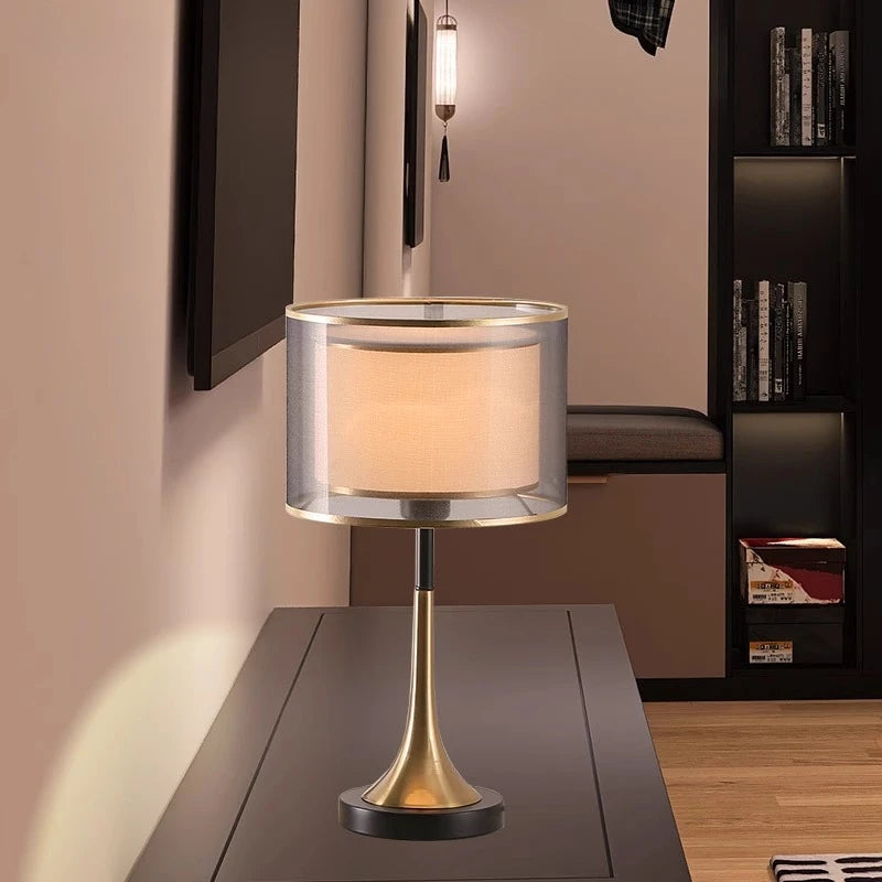 “Hotel bedside lamp with premium brown color and textile lampshade”