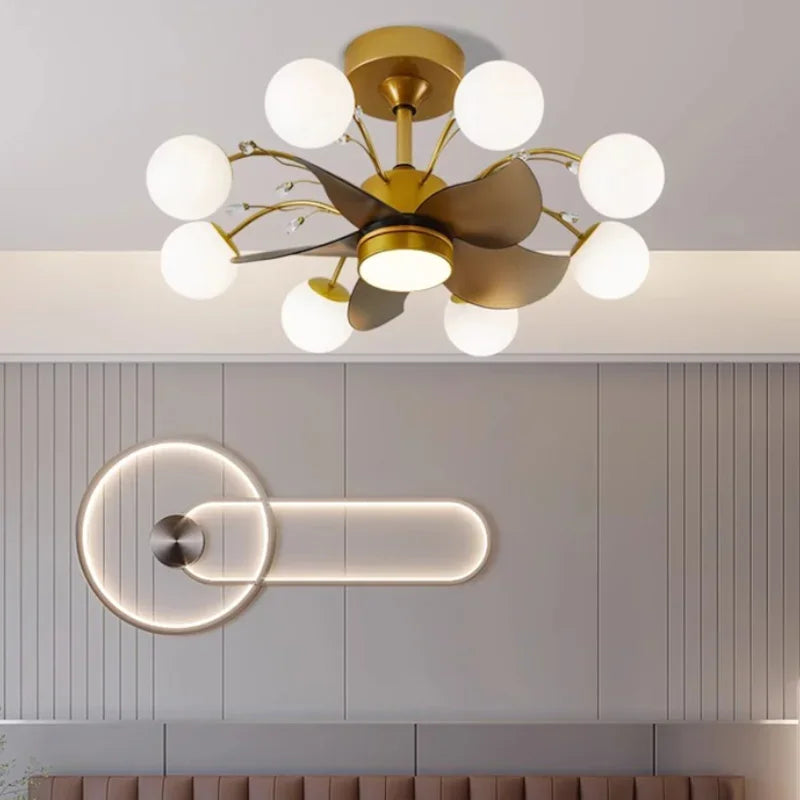 Copper LED ceiling fan light with remote dimming in a modern home