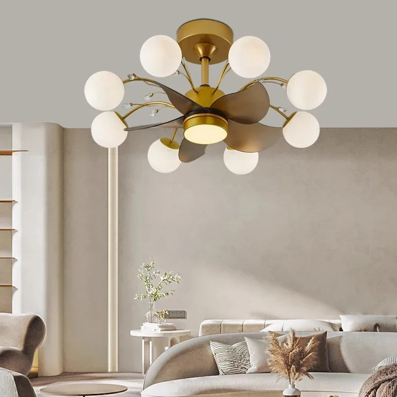 Modern chandelier in a living room setting with neutral decor