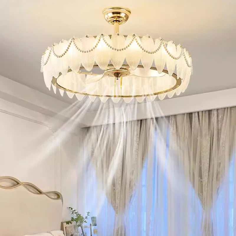 French modern feather chandelier with ceiling fan in dining area
