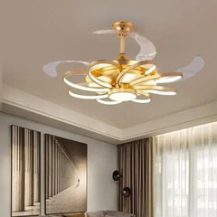Gold and white contemporary fan light as a bedroom centerpiece
