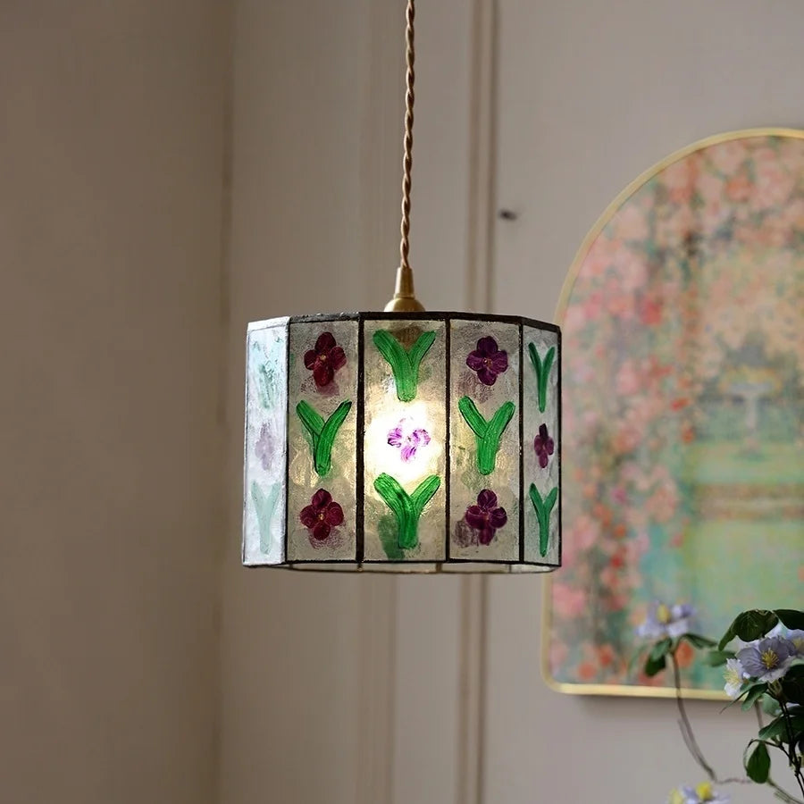 “Japanese style colorful column glass pendant lamp with flower design”