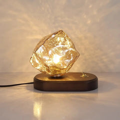 “Japanese ice cube glass table lamp with tricolor LED on wood base”