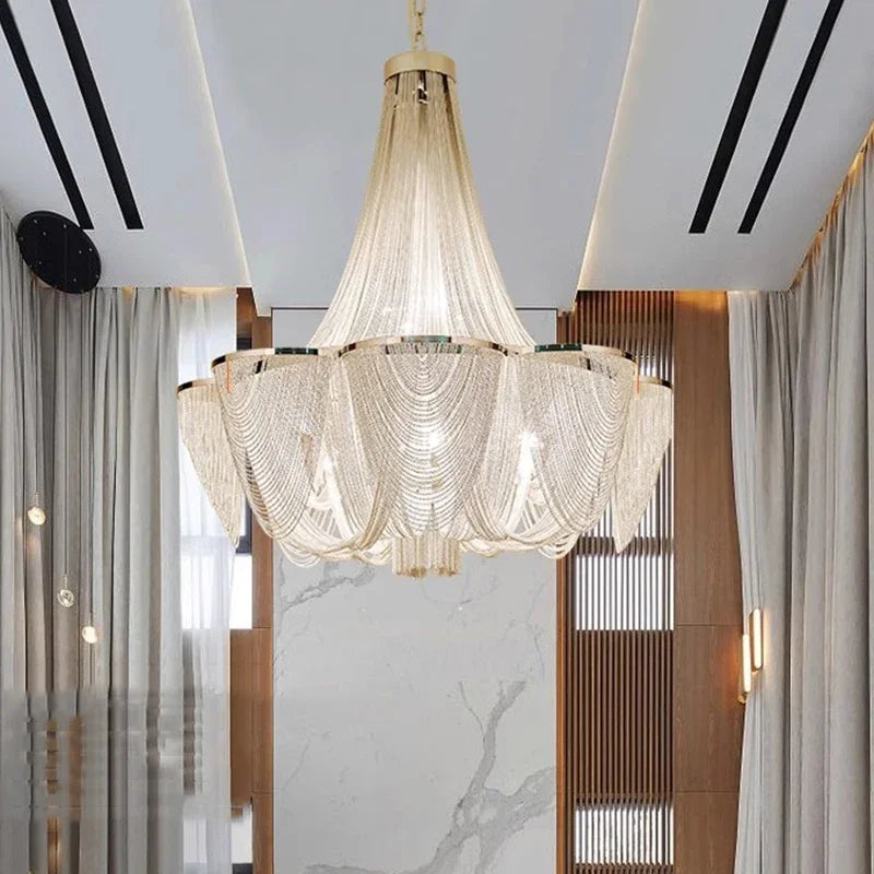 Statement chandelier pendant designed for a large living room interior