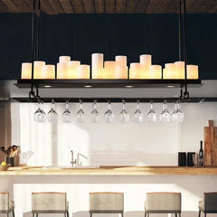 Modern kitchen with pendant light fixture and hanging wine glasses. Liglite black iron Nordic chandelier for dining and hotel interiors