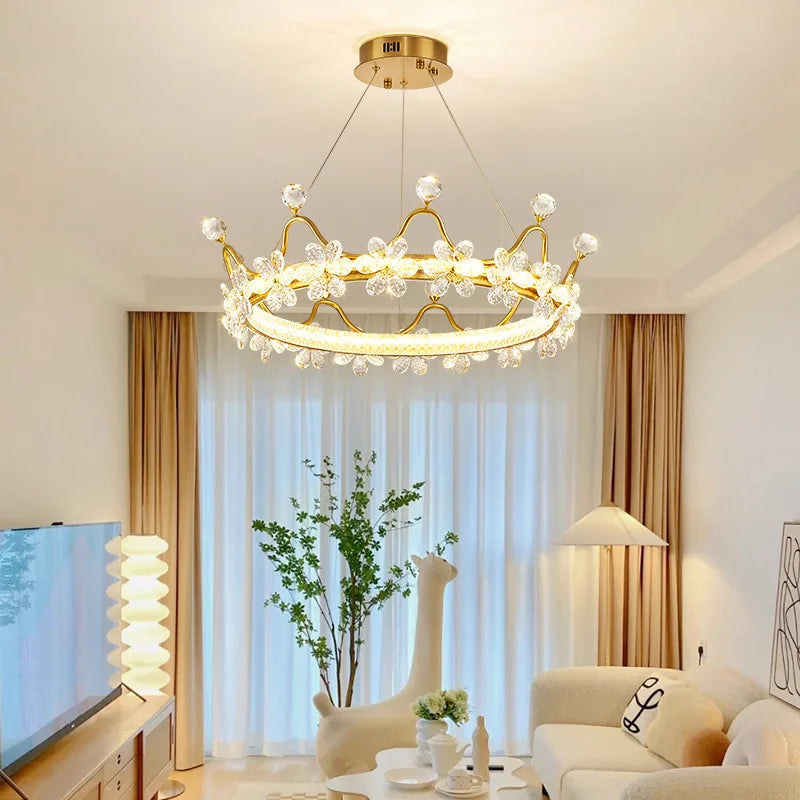 Crystal pendant light with crown-style arches and bright LED illumination