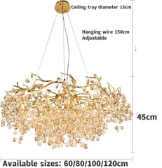 Chandelier with dimensions and size options on a white background