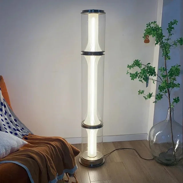 “Clear glass standing lamp with touch control and elegant finish”