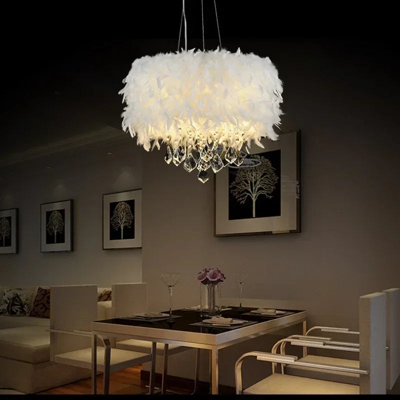 “Luxury fluffy feather and crystal drop pendant light for home”
