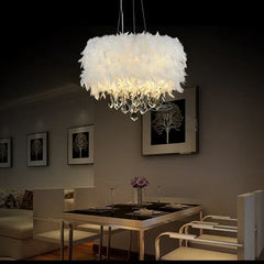 “Luxury fluffy feather and crystal drop pendant light for home”