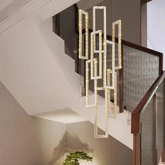 “Double-height geometric crystal pendant for hotel or grand living room lighting”