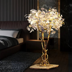 “Luxury ginkgo tree floor lamp with artistic copper and ceramic design”