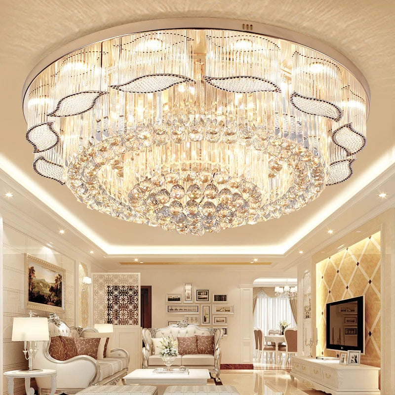 Luxurious chandelier in a living room setting with modern decor.