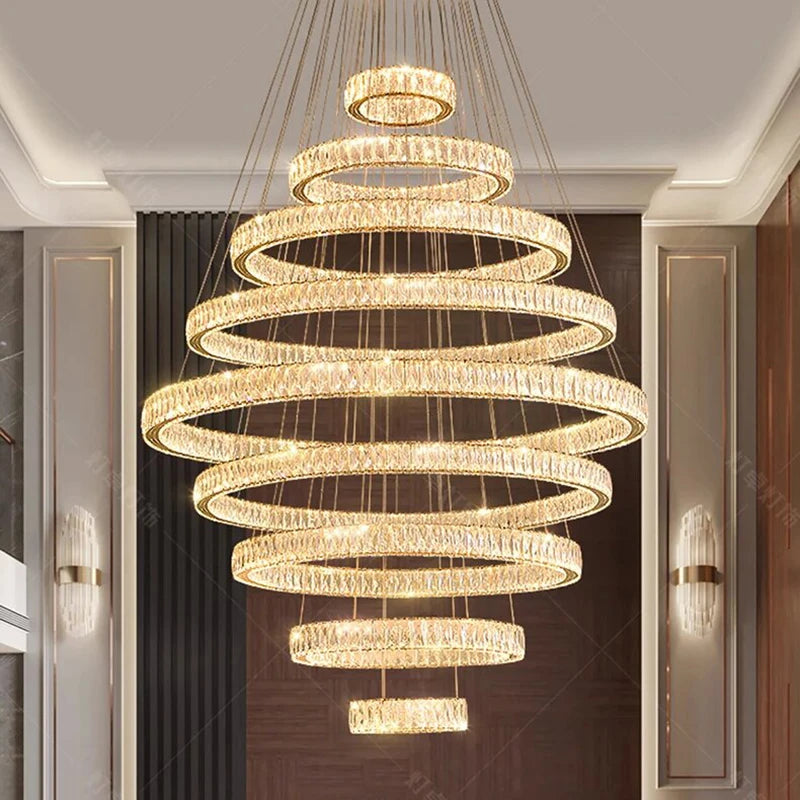 “Luxury multi-ring crystal chandelier for high ceilings”
