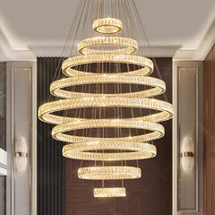 “Luxury multi-ring crystal chandelier for high ceilings”