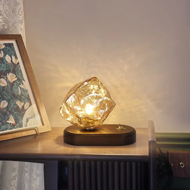 “Minimalist crystal cube bedside lamp for bedroom, hotel, or living room”