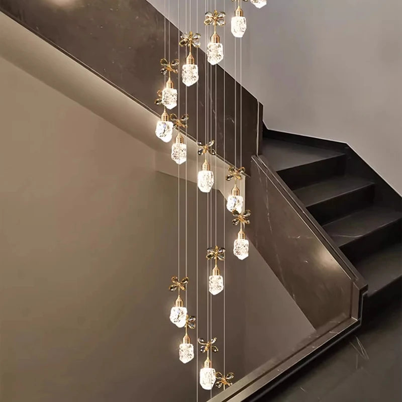 “Minimalist crystal foyer chandelier with gold accents”
